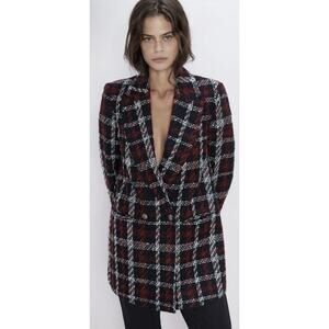 Zara Red Plaid Double Breasted Tweed Oversized Blazer Blogger Favorite Sz Small